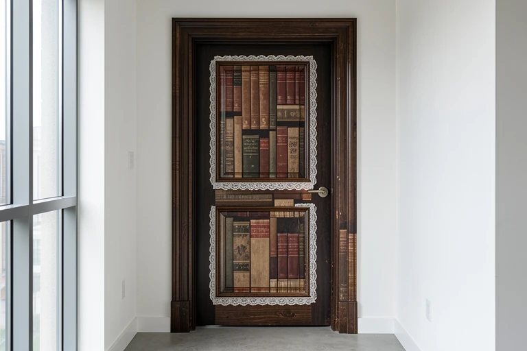 Victorian gothic library door design with woodgrain paper and book silhouettes.