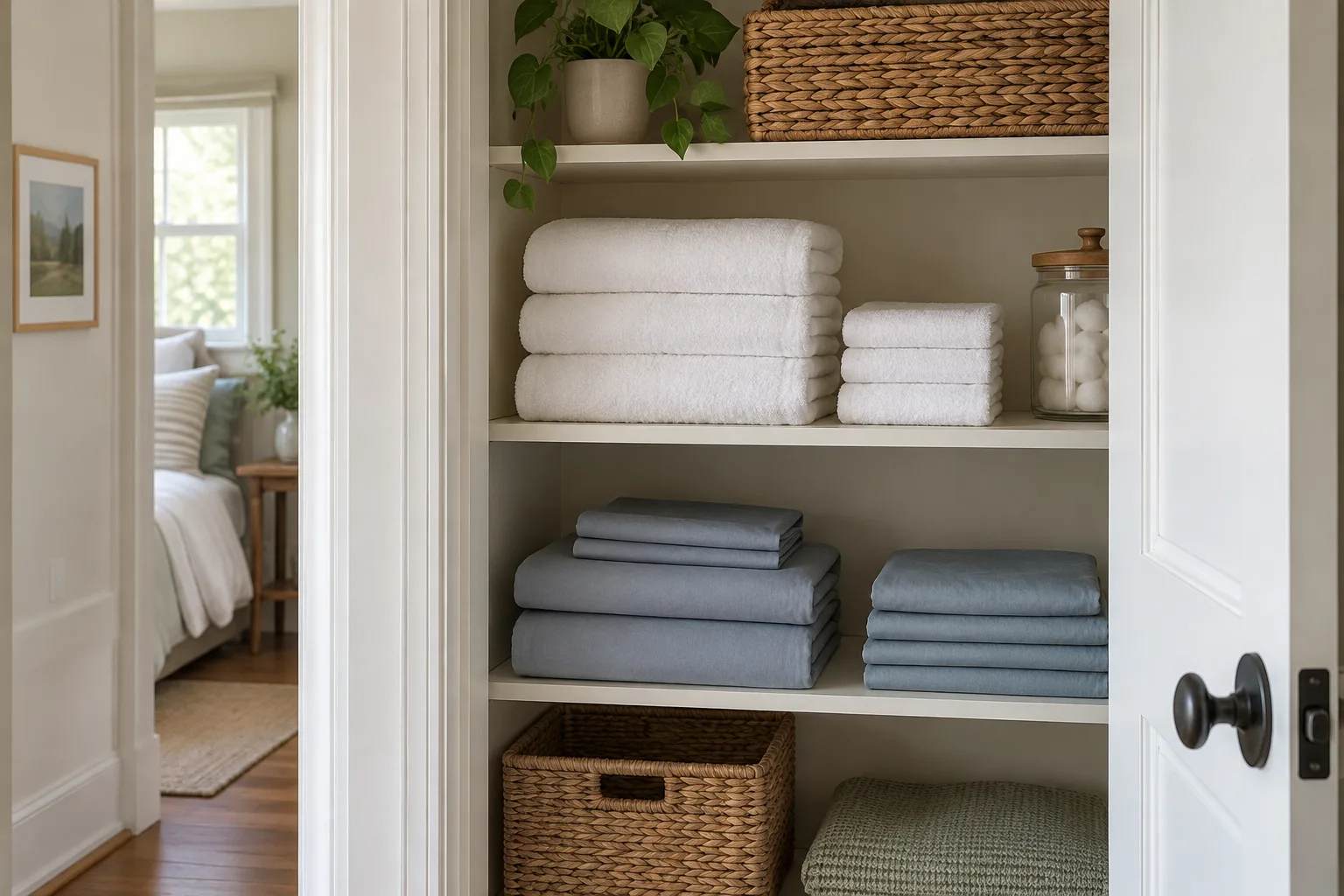A small open linen closet with folded white bath towels on one middle shelf and neatly folded blue-gray sheet sets on a different shelf, clear separation and spare space