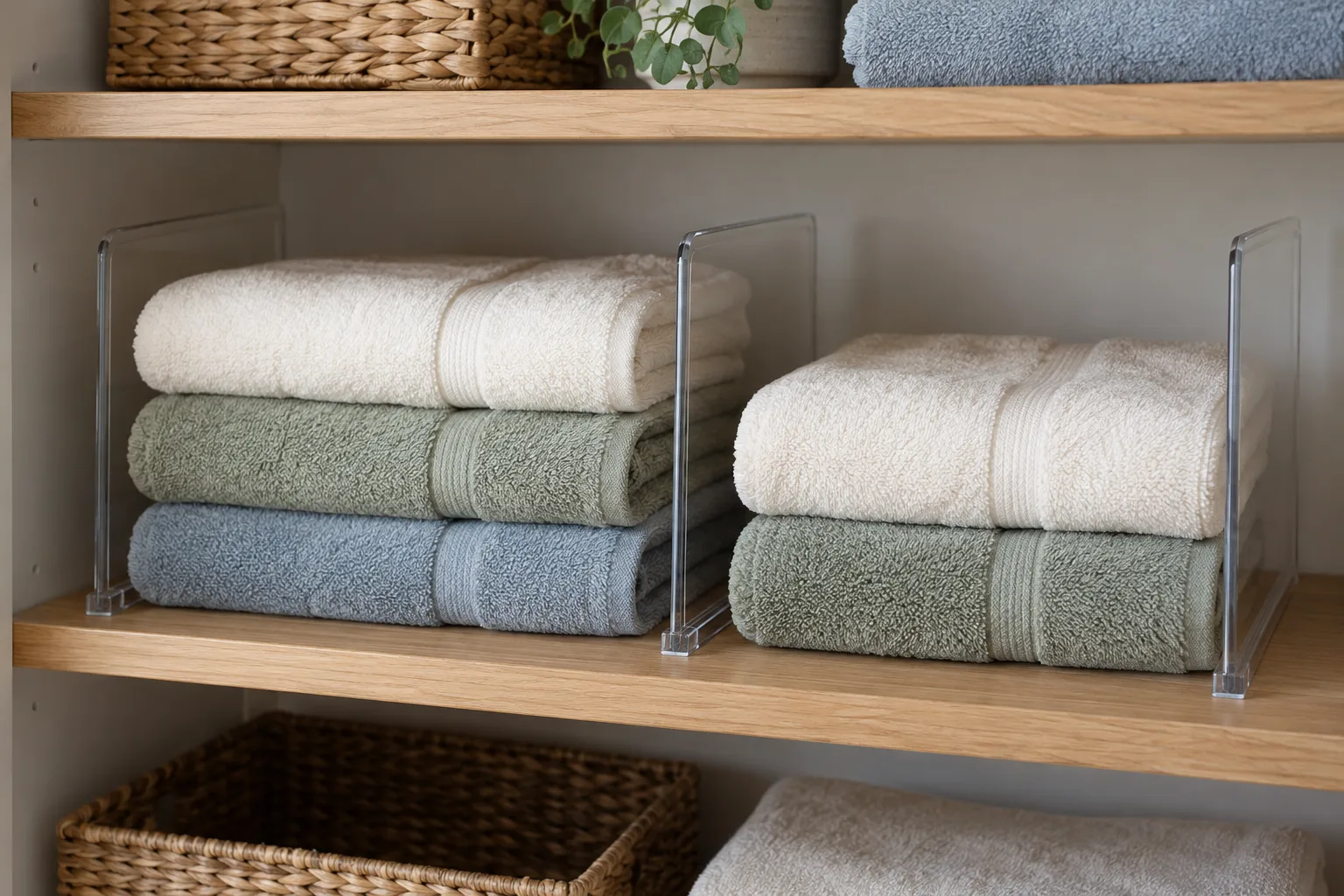 Two short folded towel stacks on an oak linen closet shelf separated by sturdy clear upright shelf dividers fitted to the shelf, no tall unstable stacks