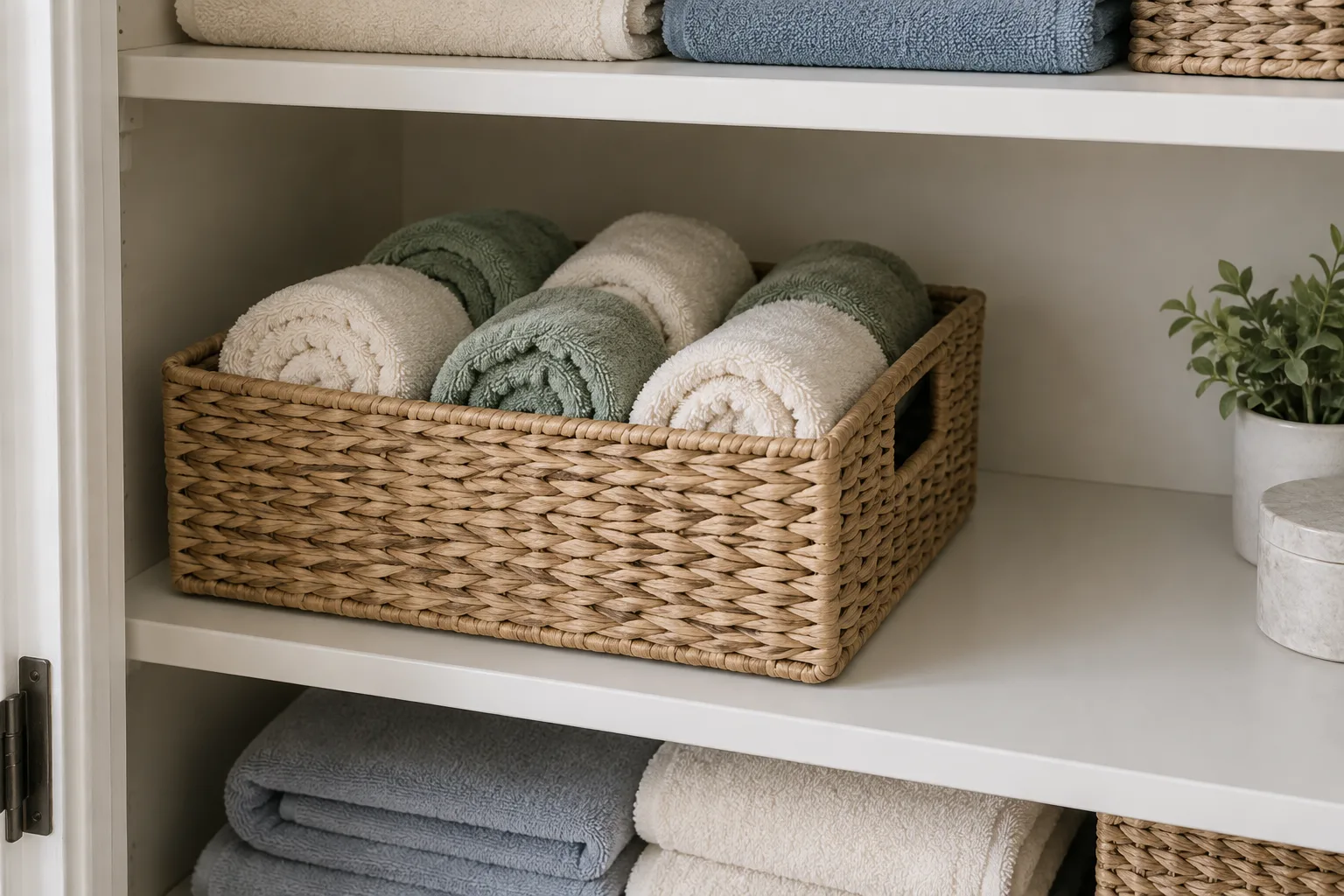 Low rectangular woven basket on a linen closet shelf holding six loosely rolled hand towels in cream and sage, basket easy to lift with a visible handle