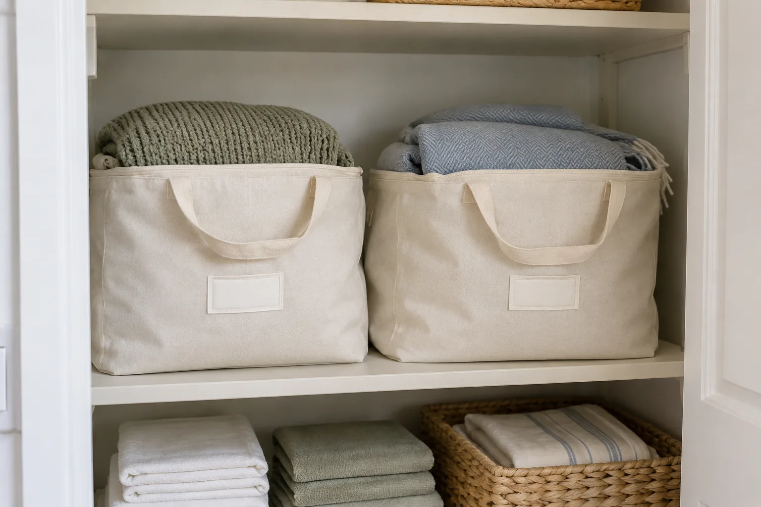 Upper shelf of a modest linen closet with two lightly filled natural cotton storage bags holding seasonal blankets, simple handles and blank label tabs