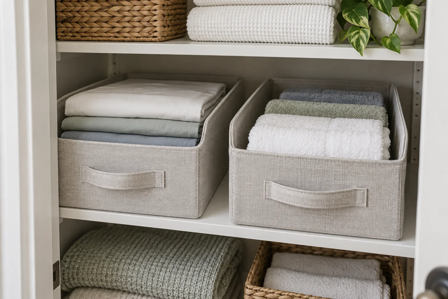 A deep linen closet shelf with two sturdy rectangular fabric bins pulled partway forward, one containing folded sheets and one small towels