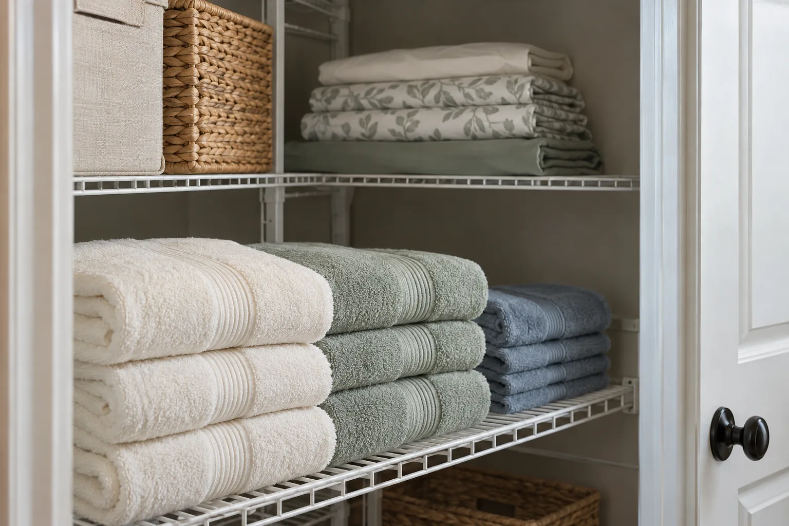 Side-on view into a deep linen closet with a low row of everyday towels toward front and a separate higher visible reserve sheet bundle behind, a clear gap showing the two zones