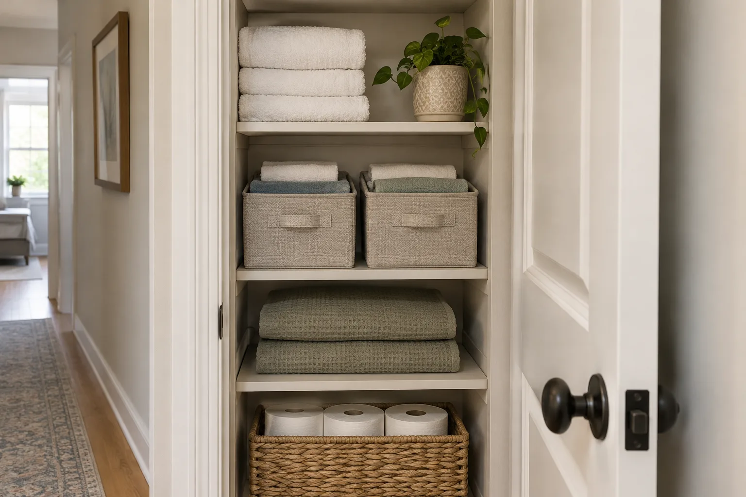 A very narrow hallway linen closet with two slim matching fabric baskets side by side on one shelf, folded hand towels visible above low edges