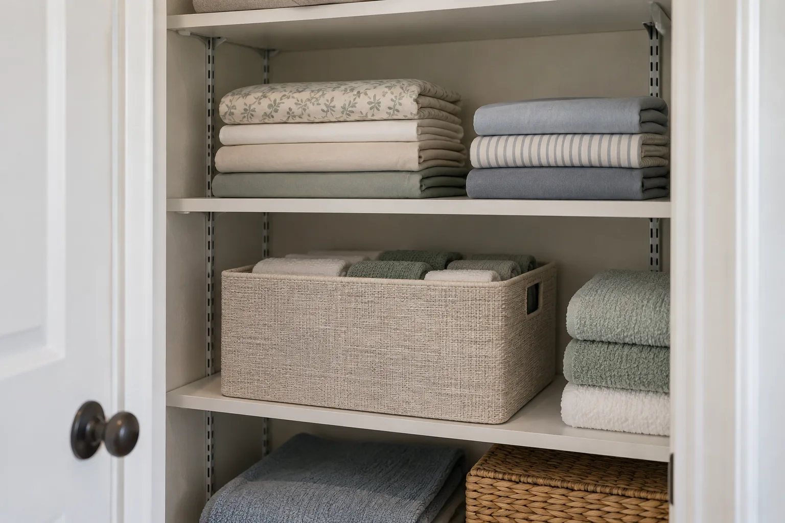 A small linen closet with adjustable white shelves on visible metal support tracks, one shelf positioned neatly above short folded sheet stacks and another above a fabric basket