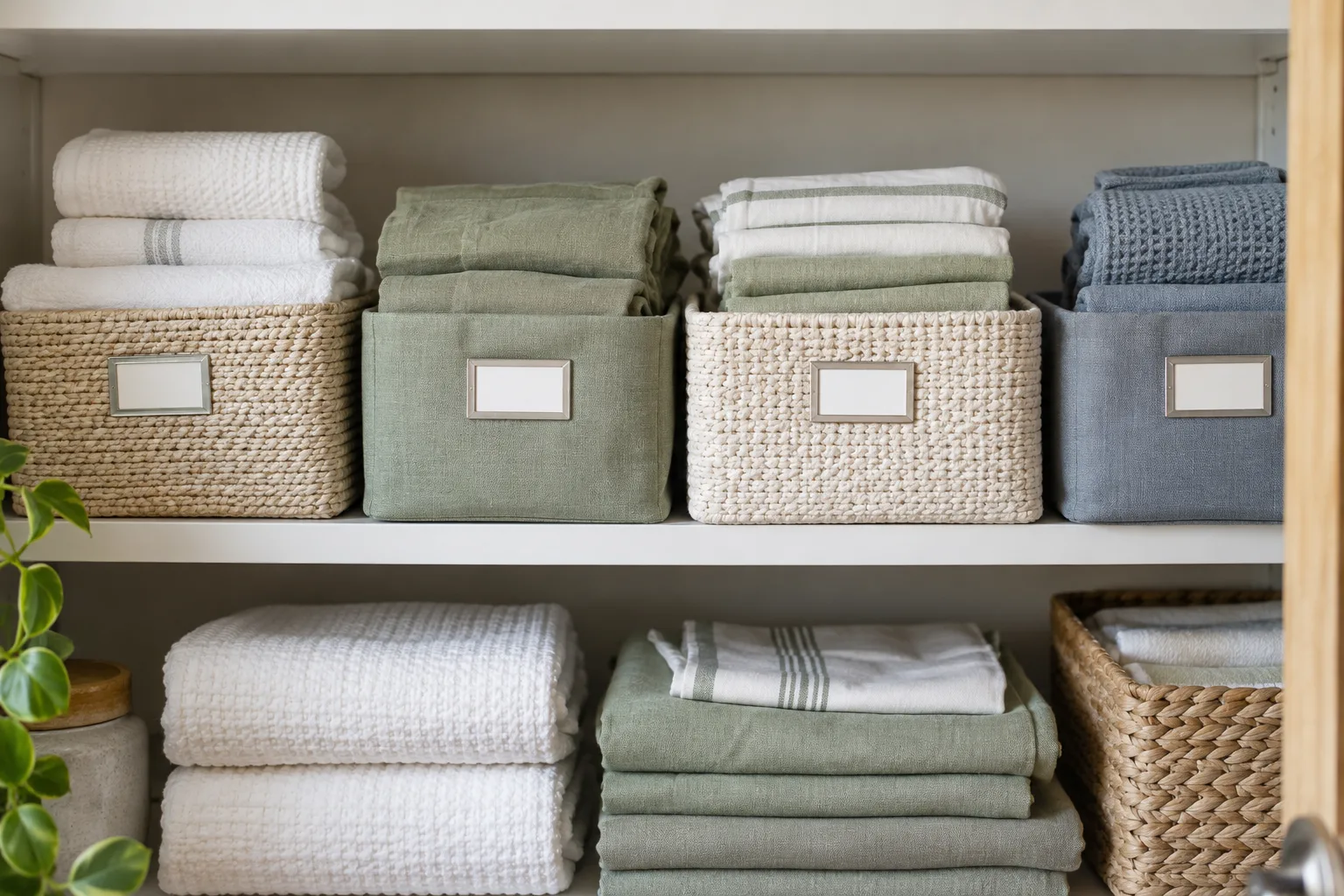 Close detail of neatly folded linens in four modest storage baskets with clean blank removable label holders on shelf fronts, neutral cream and sage textiles
