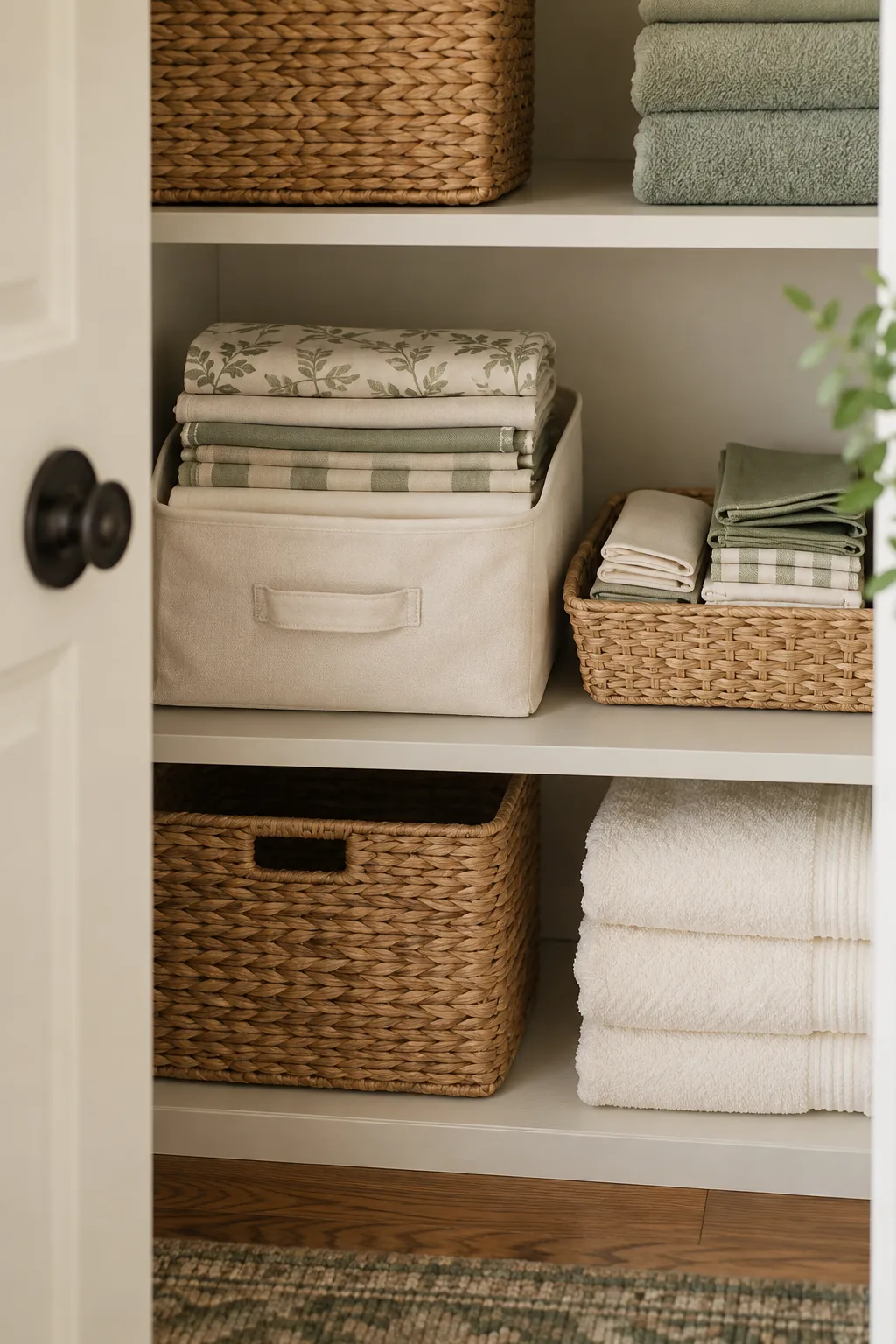 A closet shelf containing neatly folded neutral tablecloths and cloth napkins in a low cotton storage bag and one shallow basket, separate from towels