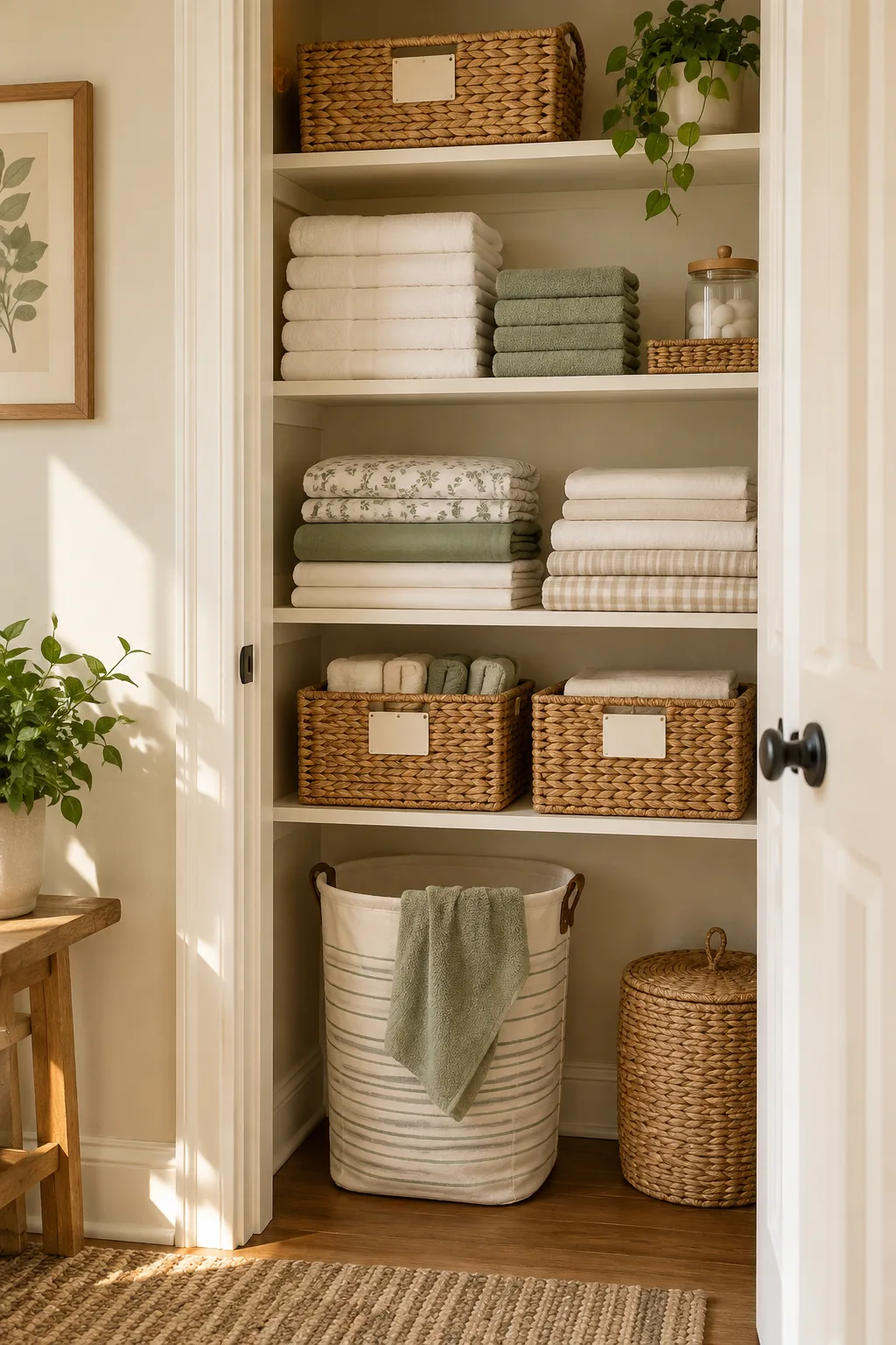 A calm freshly reset small linen closet with visible separate towel and sheet zones, short even stacks