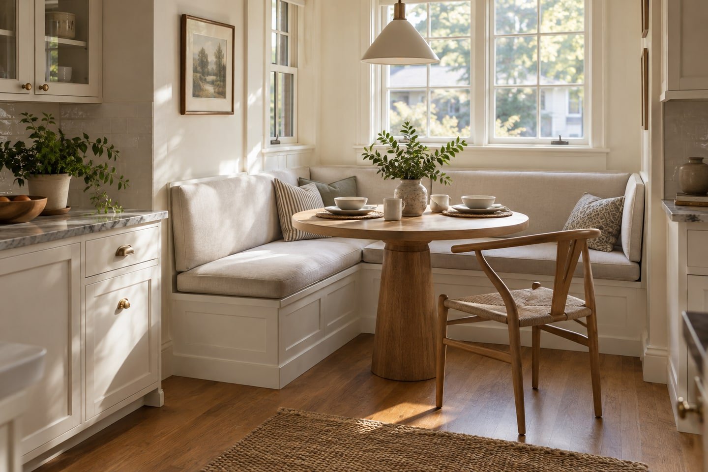 Small round pedestal table beside a cream corner breakfast bench.