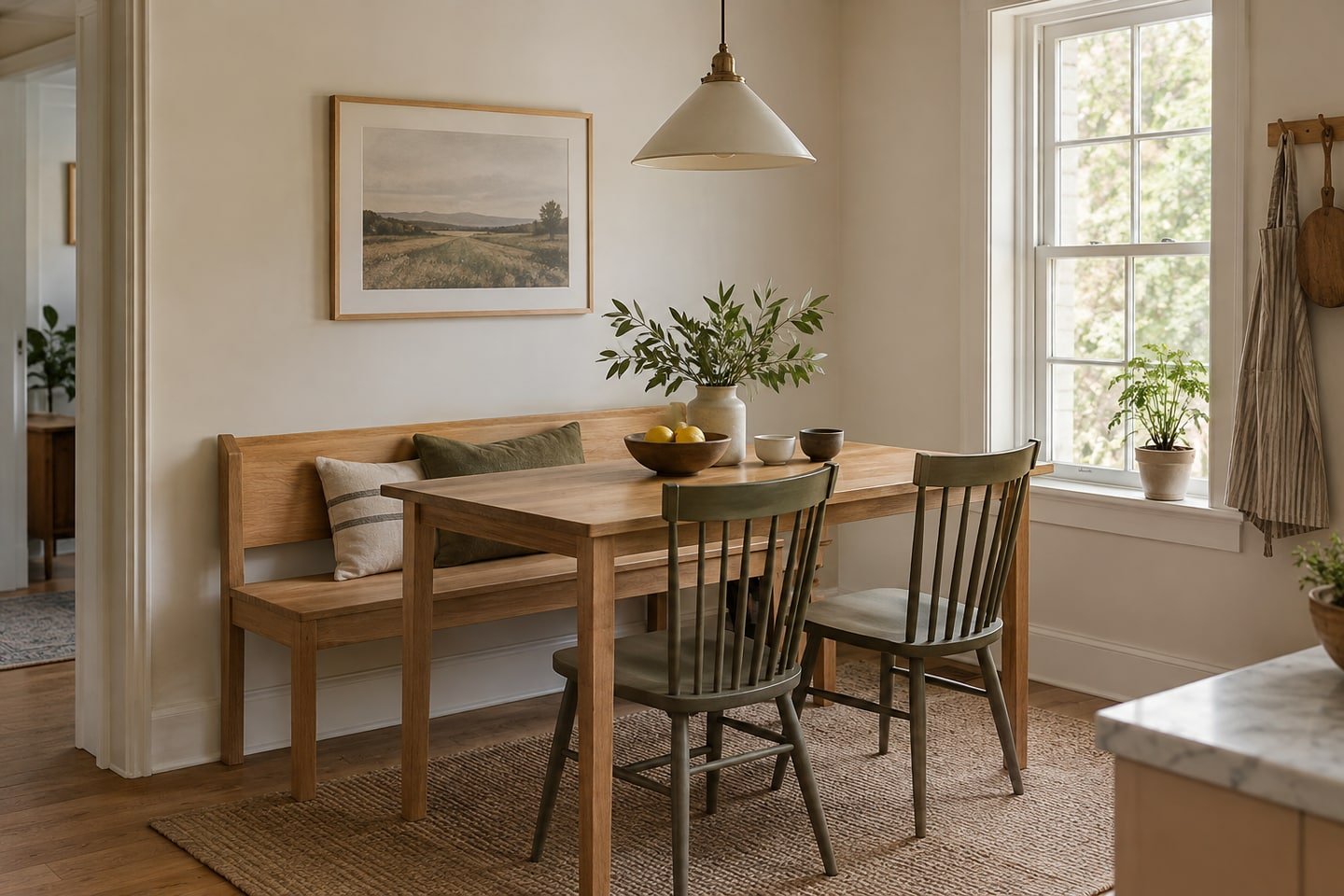 Freestanding oak dining bench and compact table in a small kitchen.