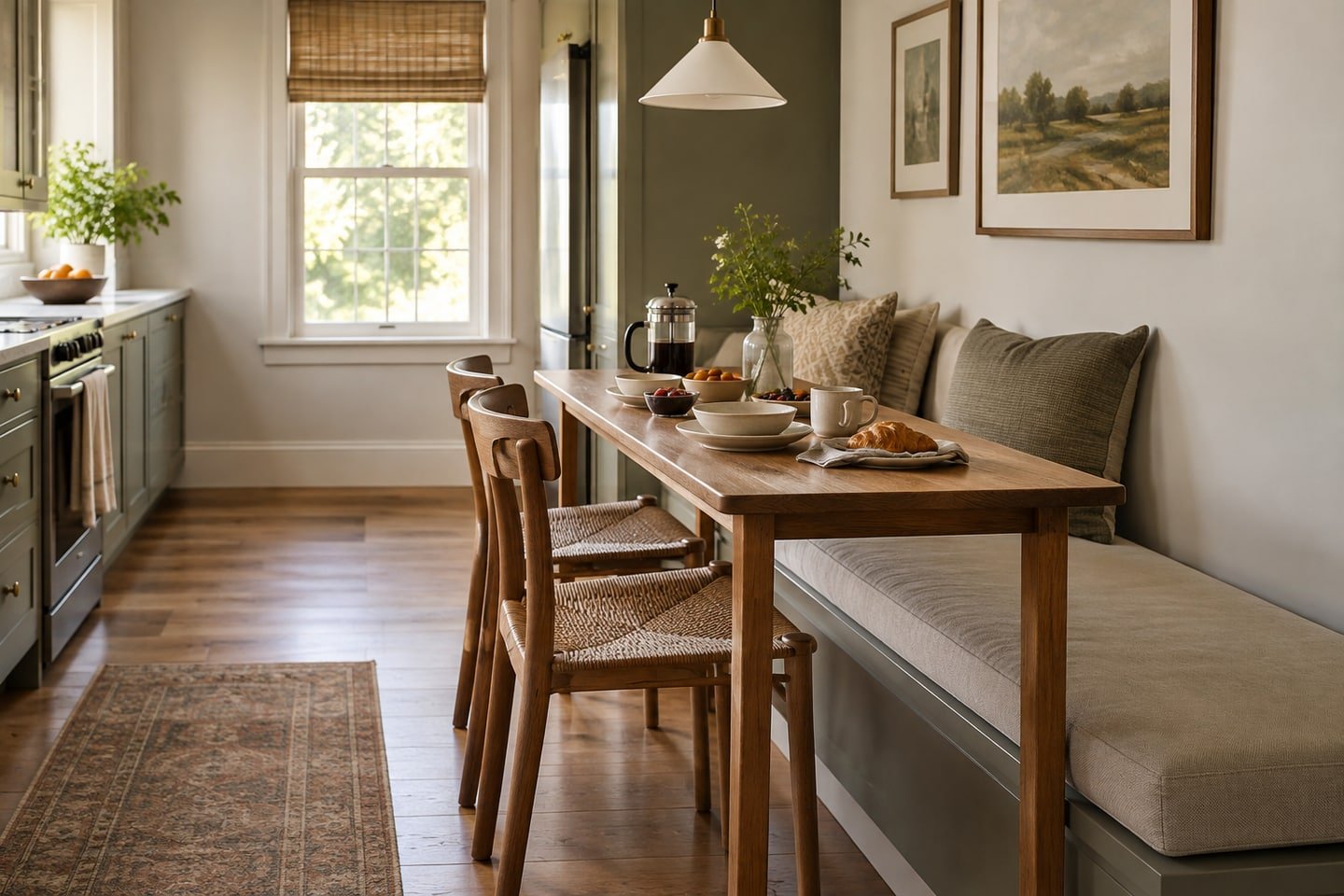 Narrow rectangular table beside a straight cushioned dining bench.