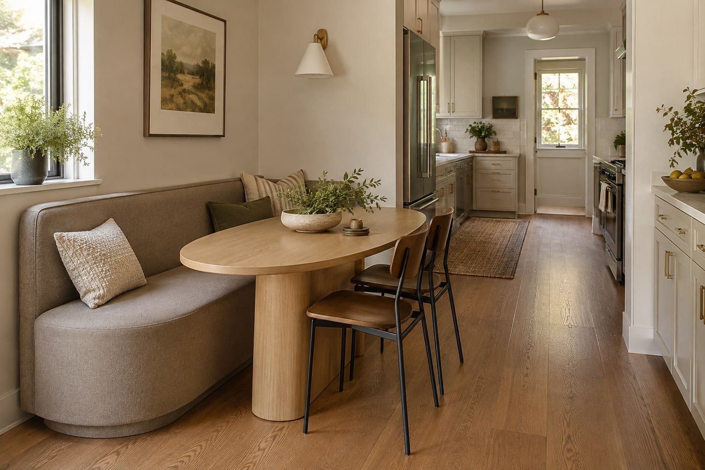 Oval oak table beside a curved-end upholstered breakfast bench.