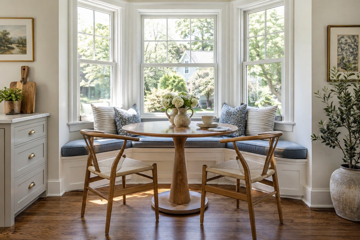 Blue-cushioned window bench and round table in a bay-window nook.