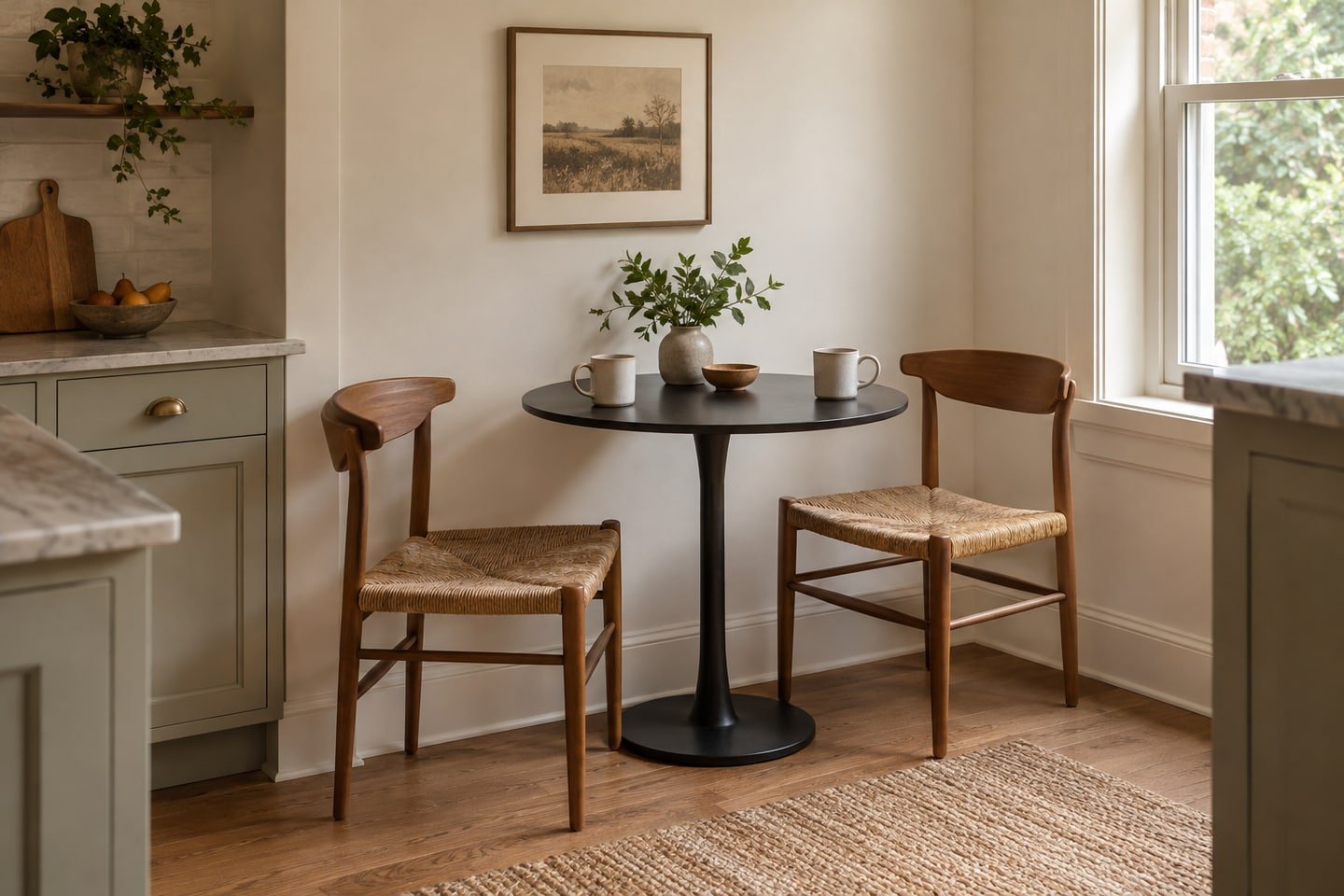 Small black bistro table with two woven-seat wooden dining chairs.