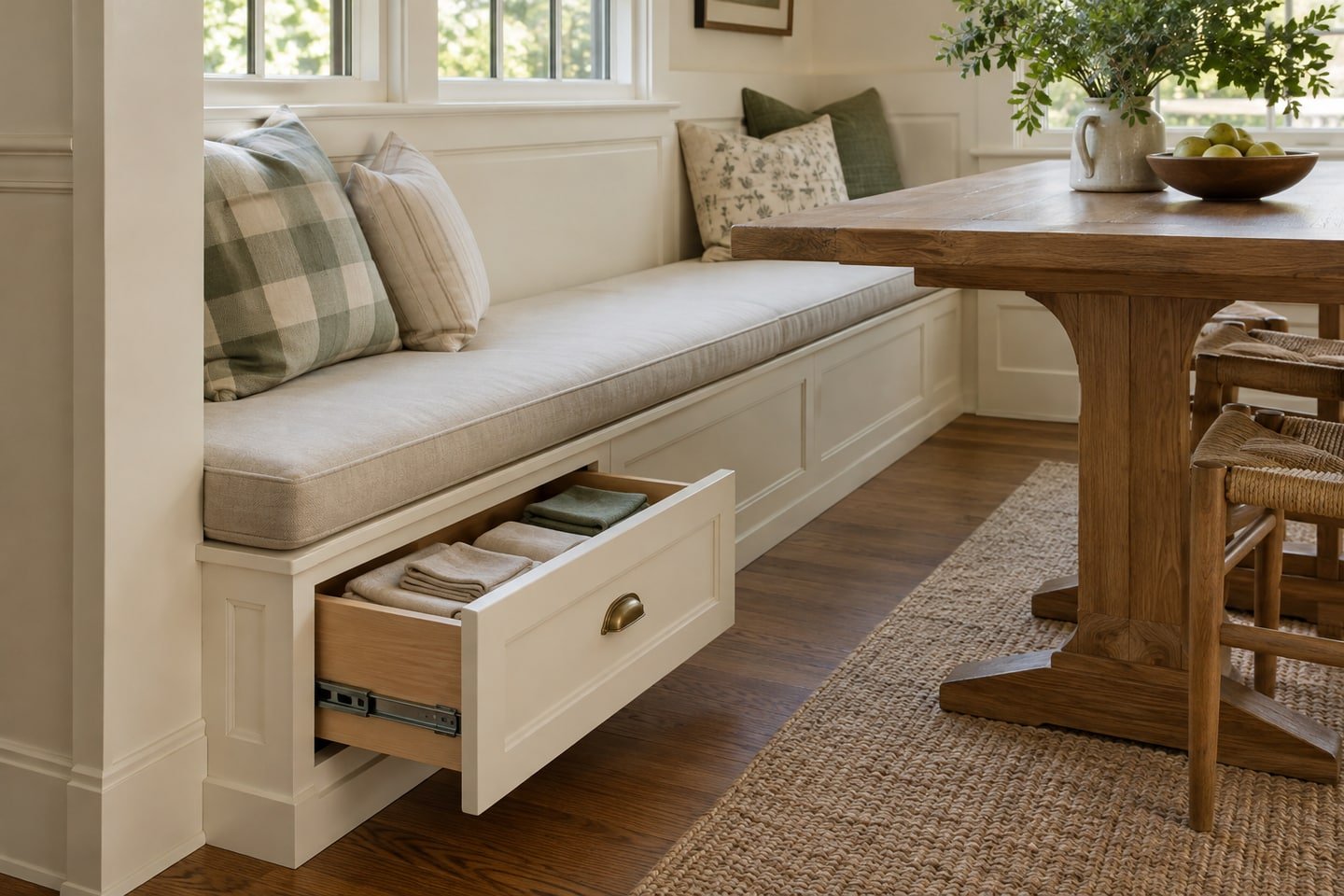 Front-opening banquette drawer storing folded table linens.