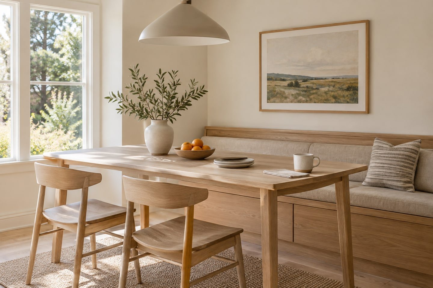 Light wood table and chairs with a simple linen-cushioned bench.
