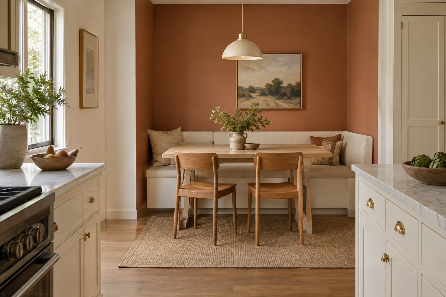 Terracotta accent wall defining a compact breakfast corner.