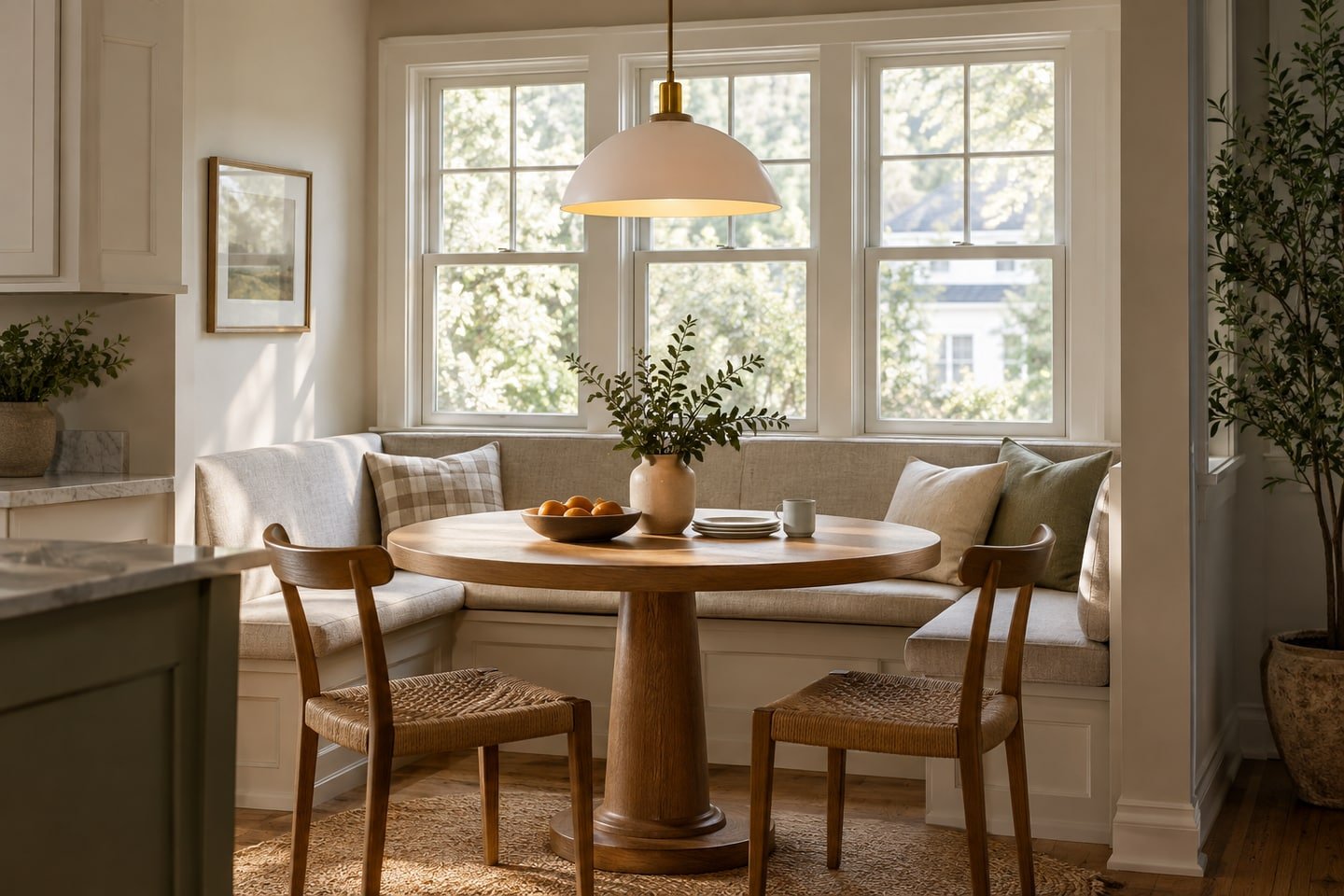 Modest pendant centered over a round breakfast table.