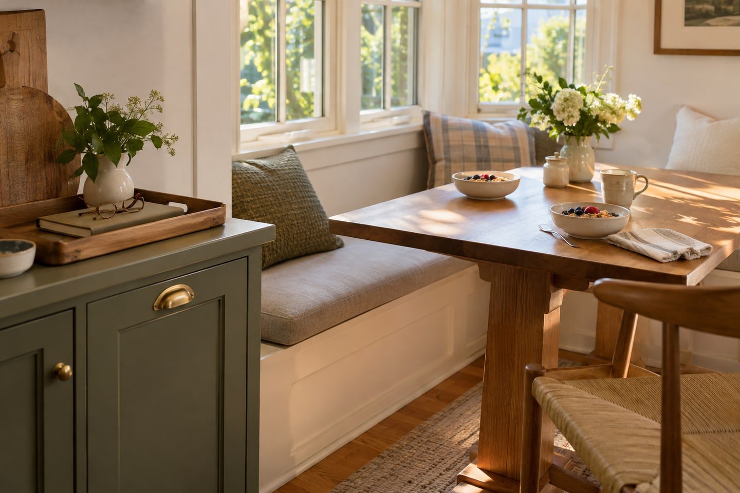 Breakfast table reset for meals with work supplies on a nearby tray.