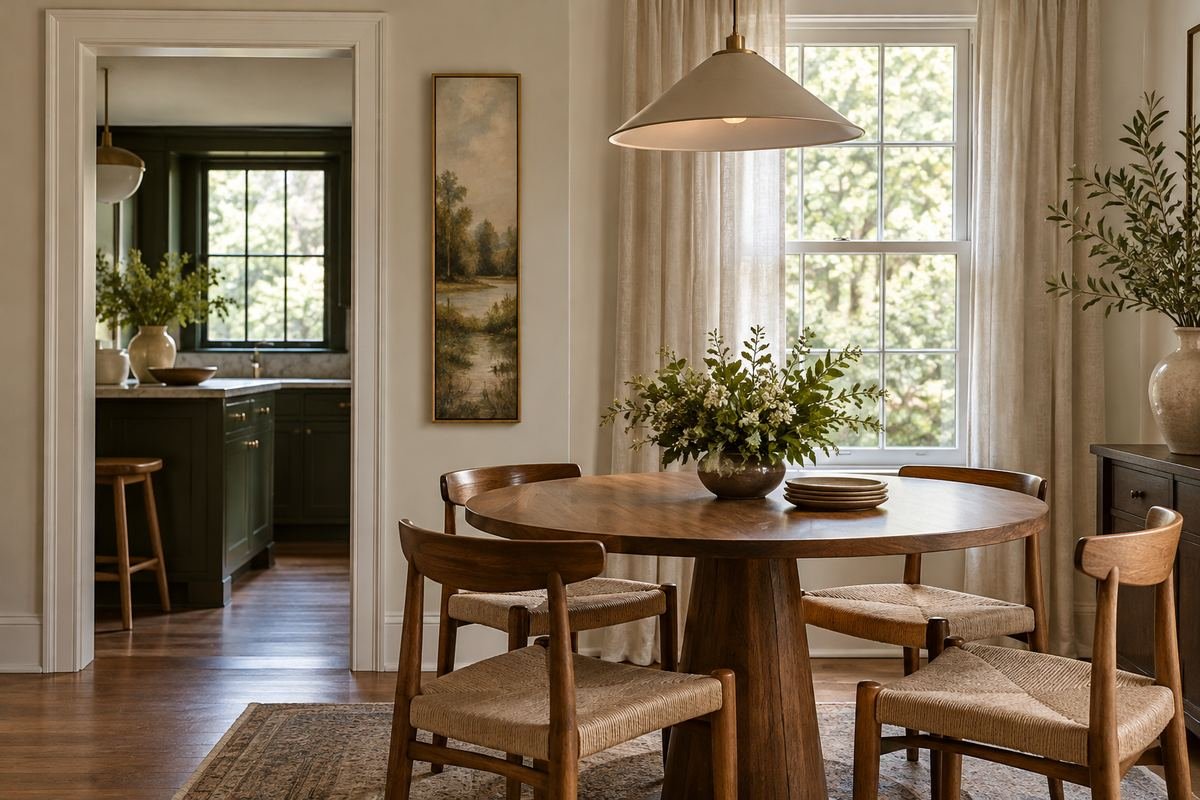Small dining room with one narrow vertical artwork mounted on a slim wall pier between doorway and window, compact round wood table..