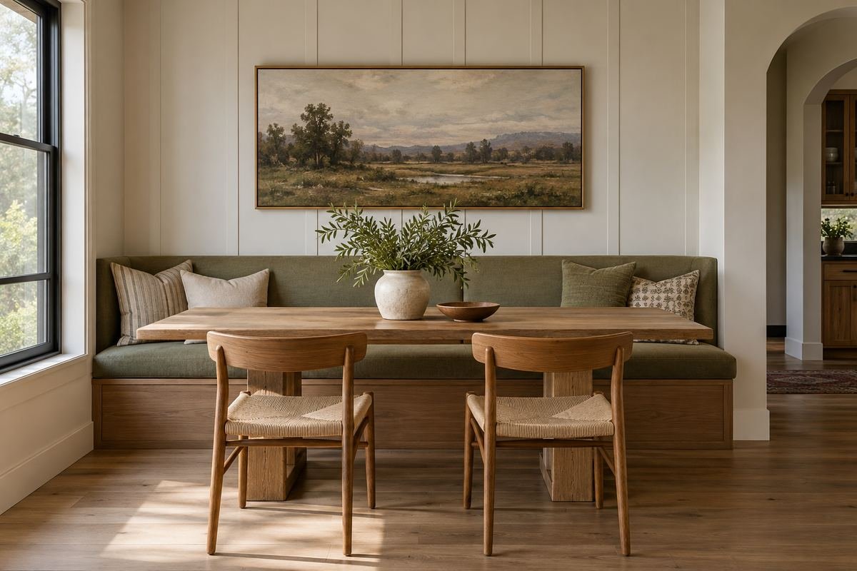 Dining banquette with muted olive upholstery beneath one securely mounted landscape artwork, oak table and two simple chairs, no projecting shelf overhead..