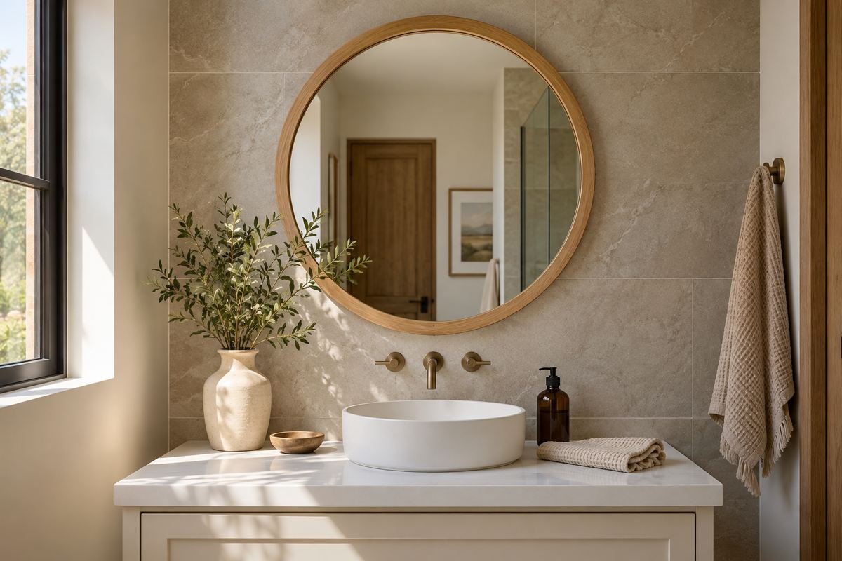 A round light-oak-framed mirror above a compact white single vanity with a wall faucet and pale stone tile.