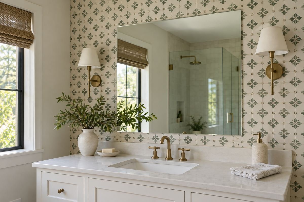 A clean frameless rectangular mirror against small ivory and muted green patterned tile above a simple white vanity.