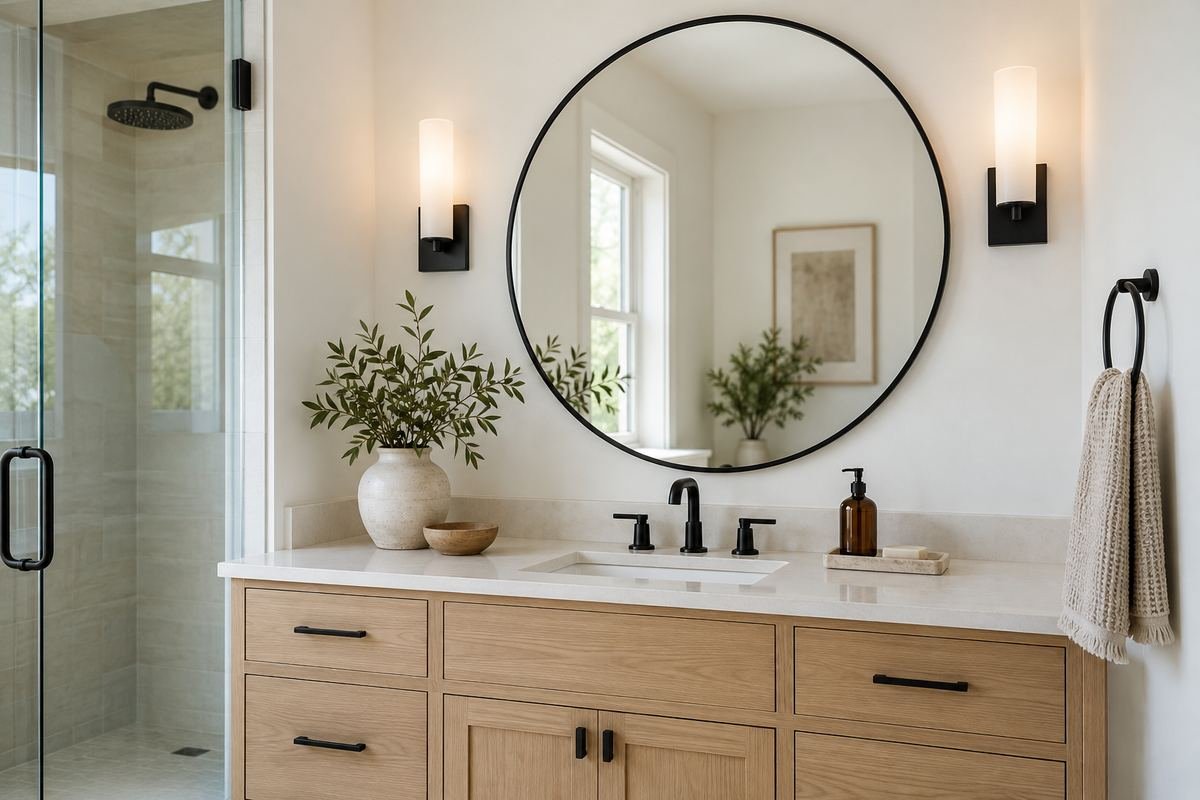 A thin matte-black round mirror over a pale oak vanity with white walls and a single black towel ring.