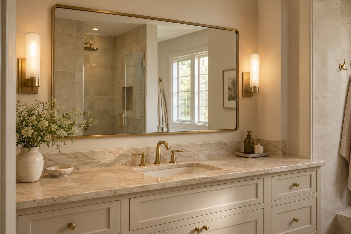 A brushed-brass rectangular mirror above a warm cream vanity with beige tile and a softly veined stone counter.