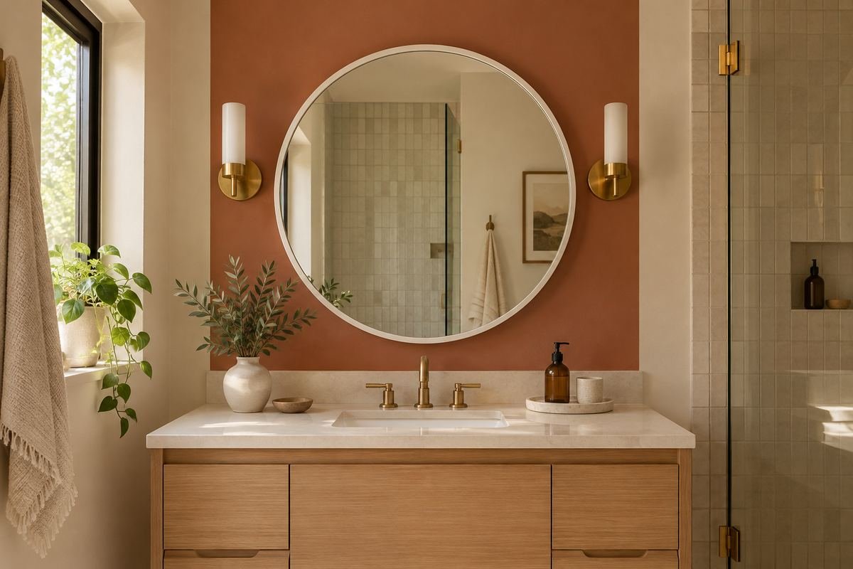 A simple round white-framed mirror against a muted terracotta painted rectangle above a pale oak bathroom vanity.