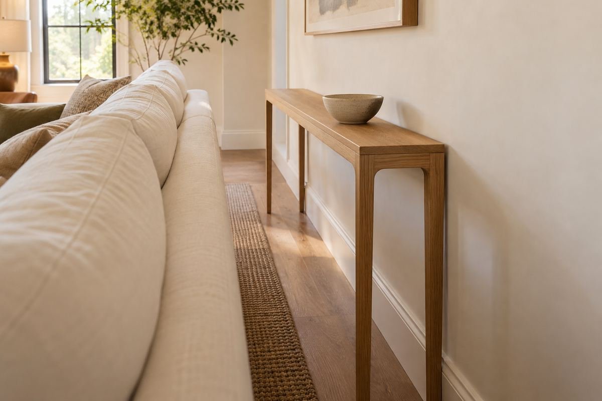 A very slim oak console between a cream sofa and a warm white wall, holding one small ceramic bowl.