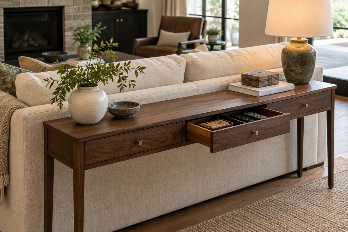 A slim walnut sofa table with shallow drawers and discreet pulls behind a cream sofa, one drawer open with neatly arranged remotes.