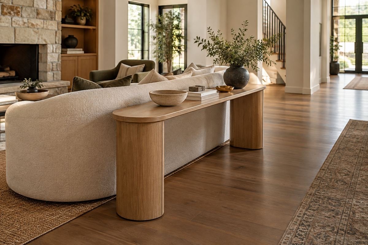 A slim console with rounded oak ends behind a curved cream sofa beside a generous walking route.