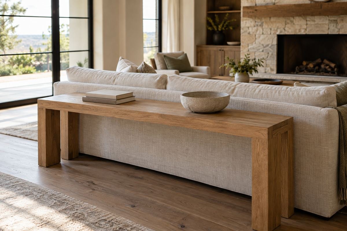 A natural oak sofa table behind a linen sofa, styled with one low stone bowl and two plain books in a sunlit room.