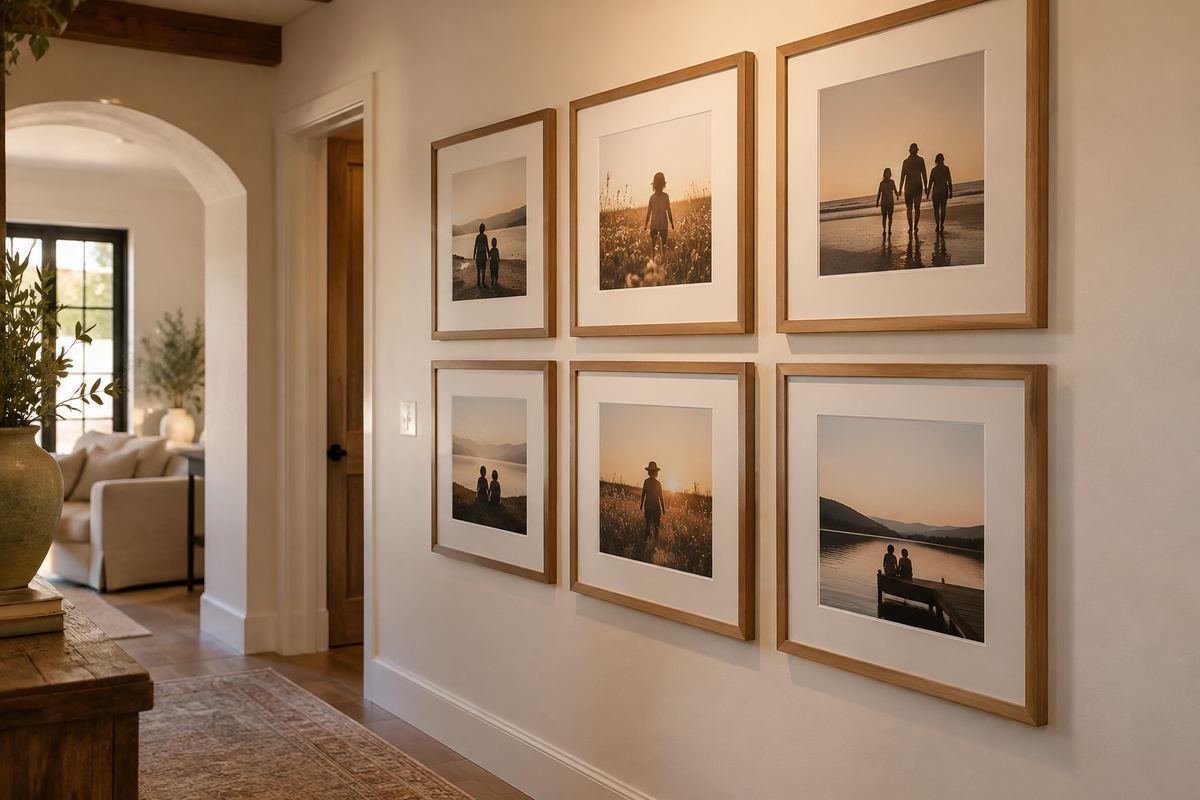 A warm home hallway gallery of six family-photo-style silhouettes without identifiable faces in oak frames with generous ivory mats.