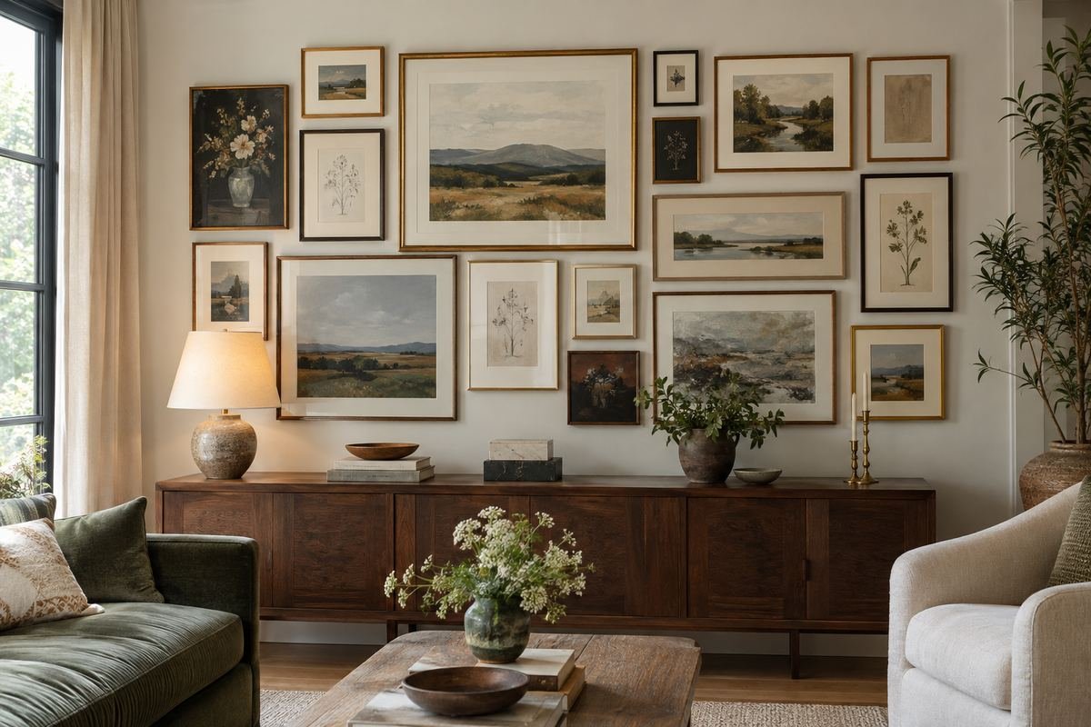 A dense salon gallery of varied original landscapes and drawings within a balanced rectangular outline on a pale wall.