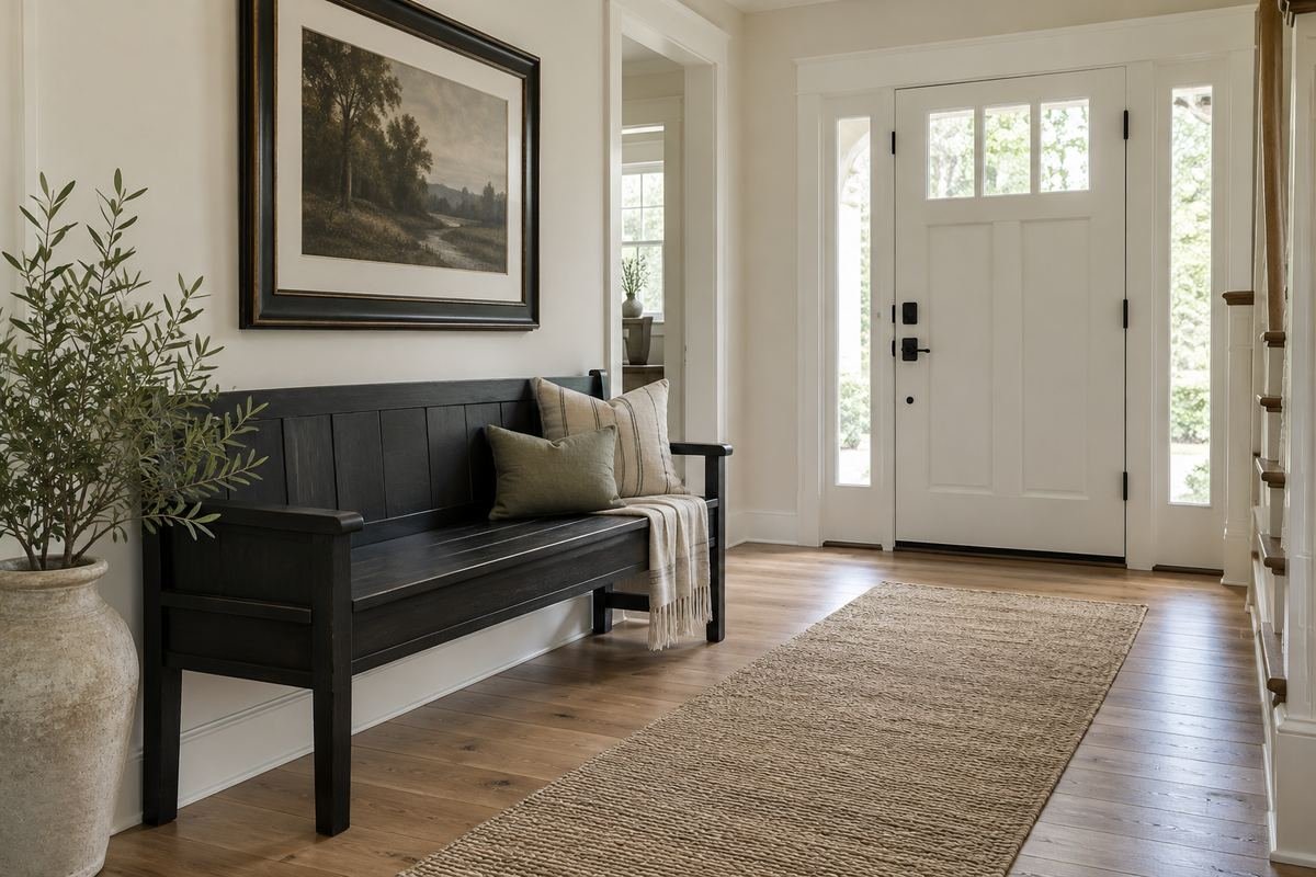Pale entry hall with a charcoal wooden bench, dark picture frame above, white door and warm oak floor.