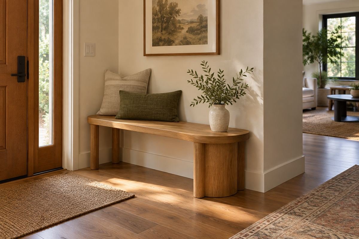 Warm modern entry corner with an oak bench featuring softly rounded seat ends, cream plaster walls and clear passage around the corner.