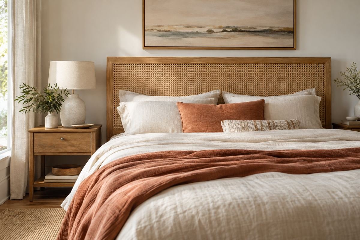A relaxed bedroom with an oak-framed cane headboard, cream bedding, terracotta cushion and uncluttered pale walls.