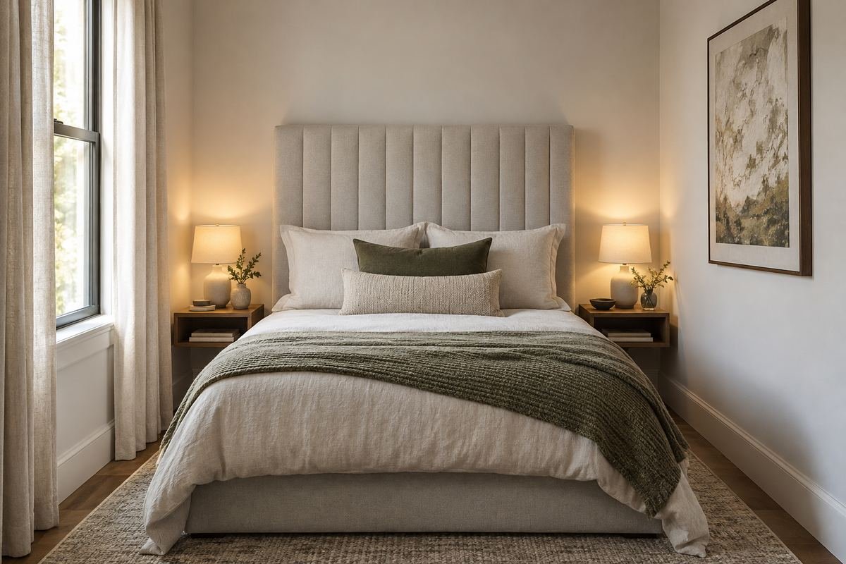 A narrow adult bedroom with a tall pale gray upholstered headboard matching the bed width, compact bedside shelves and generous clear wall above.