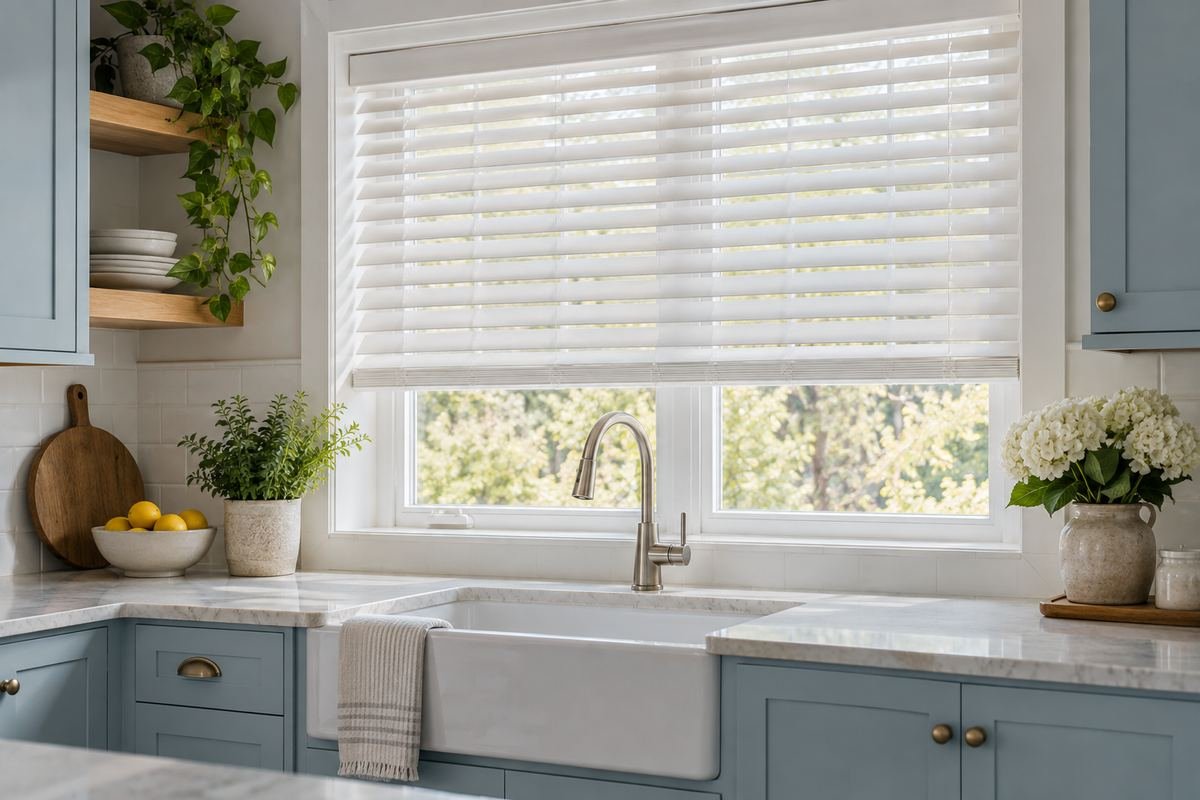 A bright kitchen window with white cordless faux-wood horizontal blinds, pale blue cabinets and a clear stone counter.
