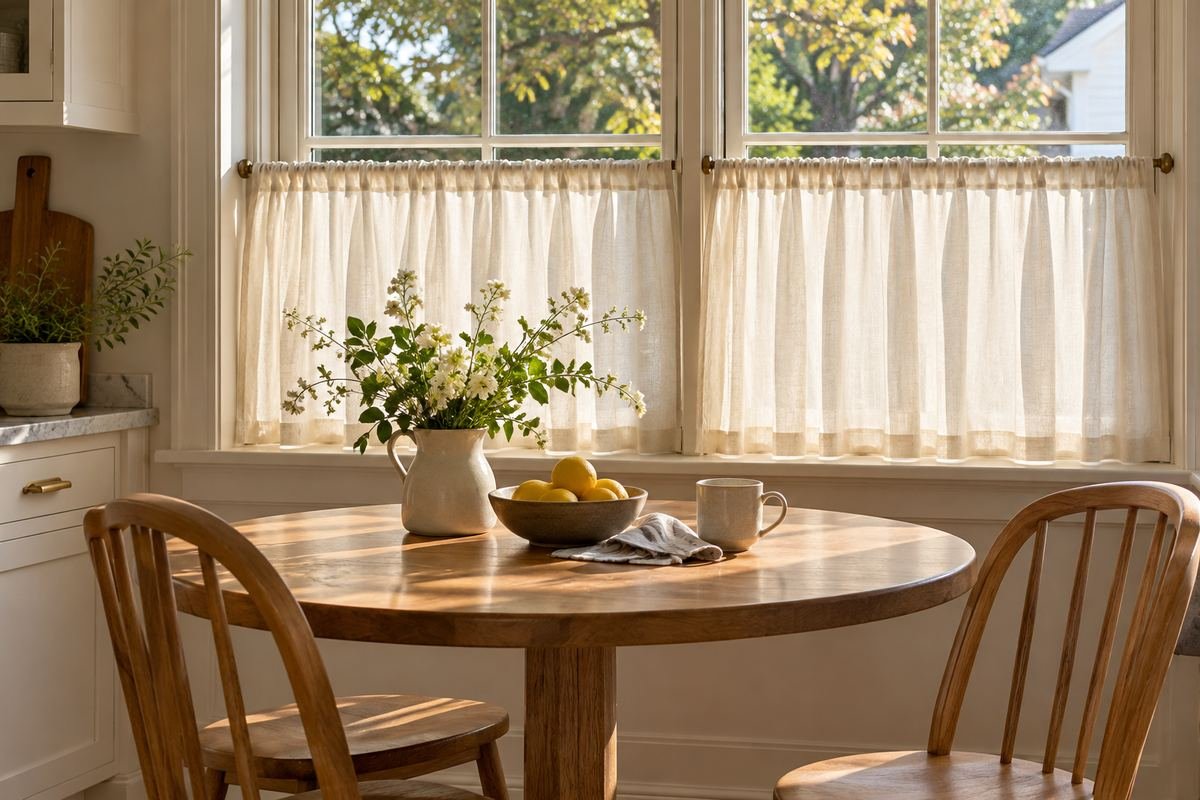 A dry breakfast-nook window with short ivory cafe curtains across the lower half, a little oak table and soft morning light.