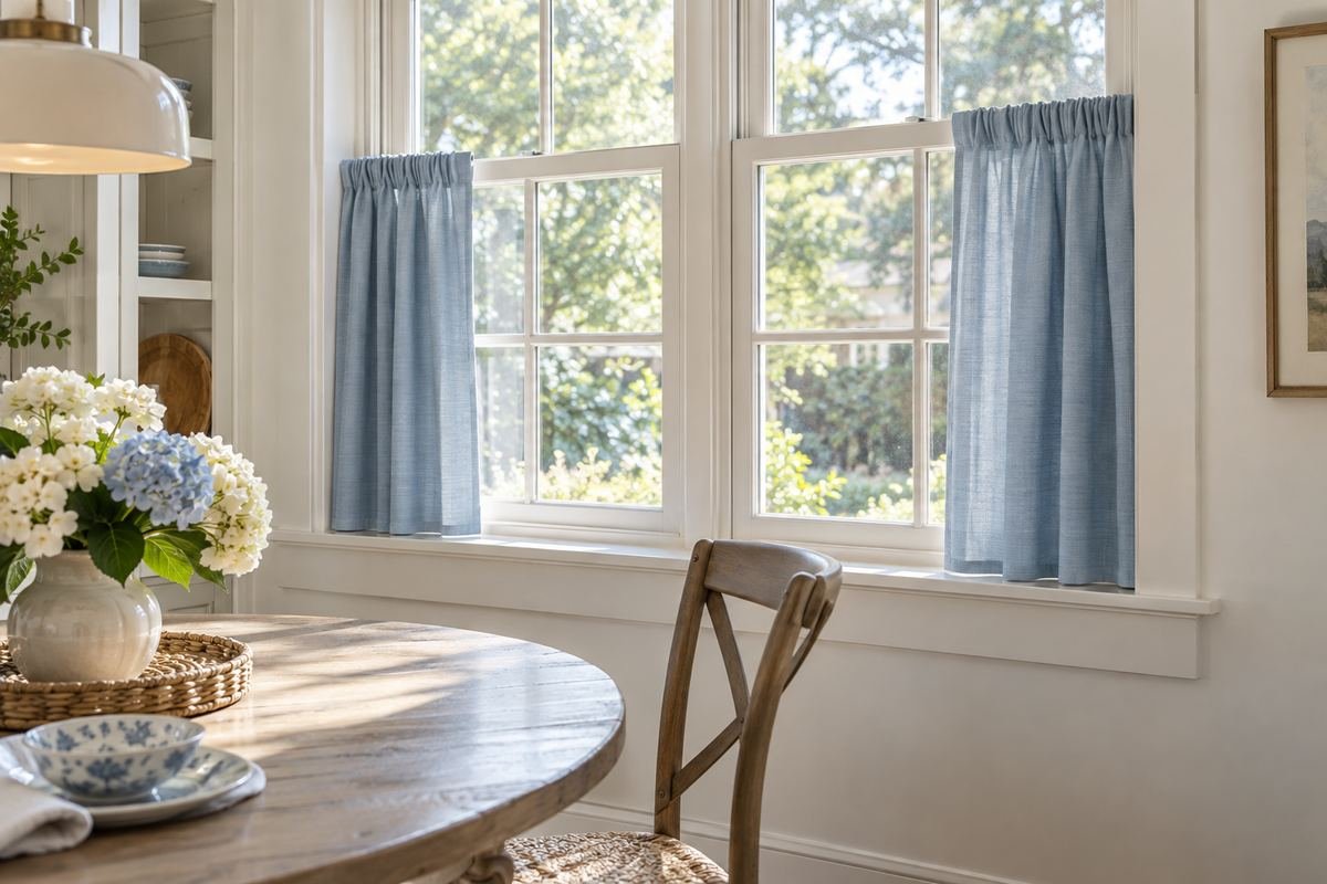 A dry kitchen dining corner with short pale blue side curtains ending at the sill, a white window frame and a small dining chair.