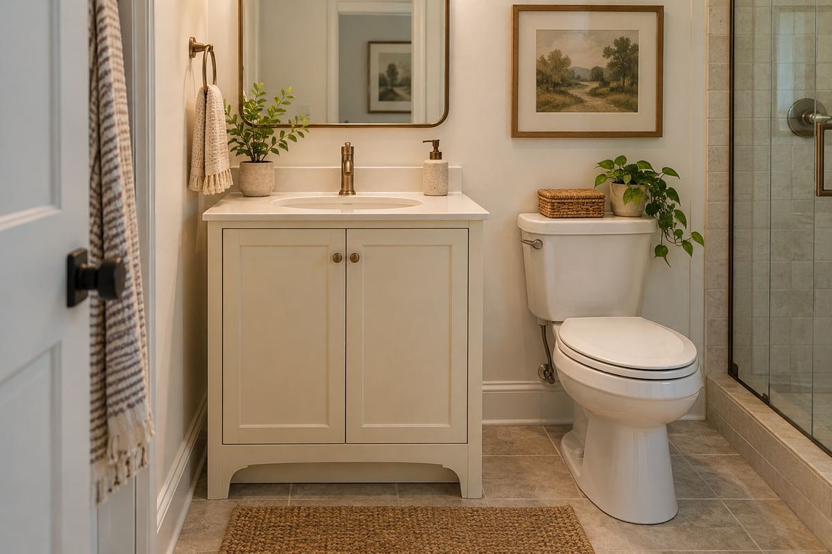 A compact cream bathroom vanity with one integrated basin, two closed doors and a clear walkway in a small tiled bathroom.
