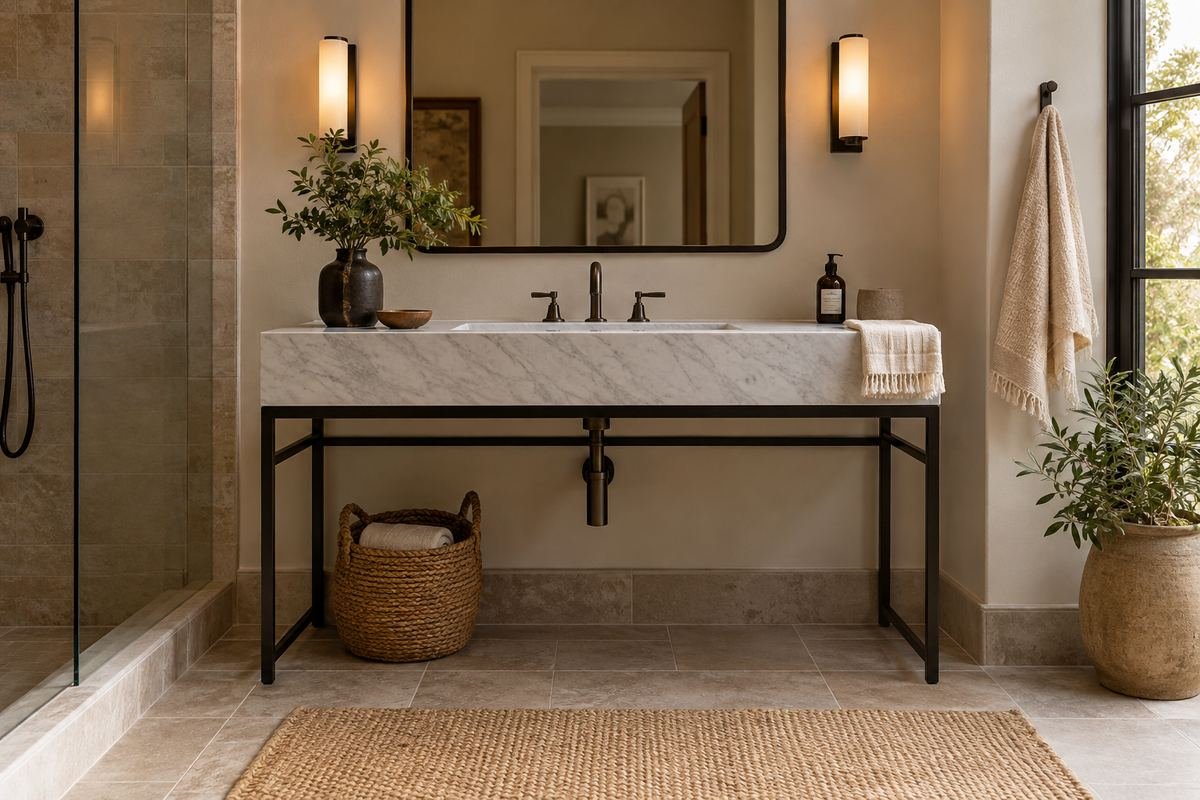 A simple bathroom console sink on a slim black metal frame with neatly finished visible plumbing and open floor below.