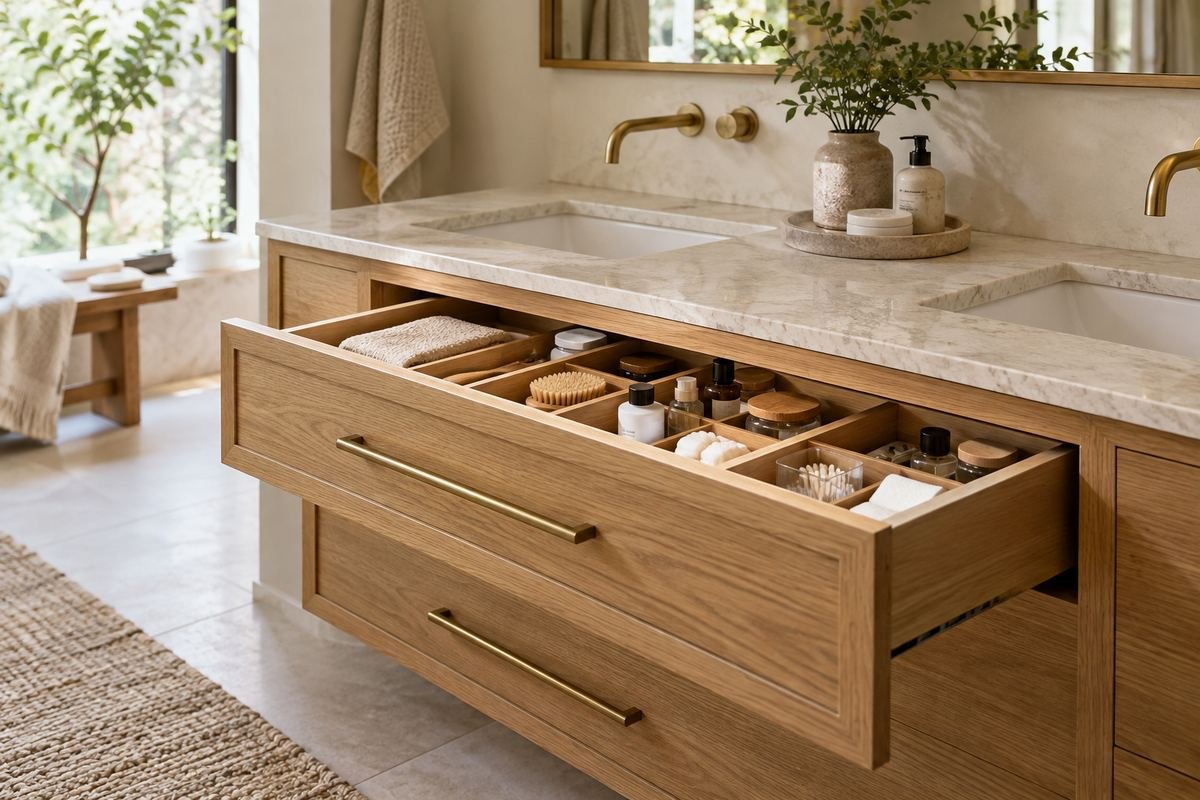 An oak bathroom vanity with an open organized drawer showing simple compartments for everyday toiletries and a separate closed lower drawer.