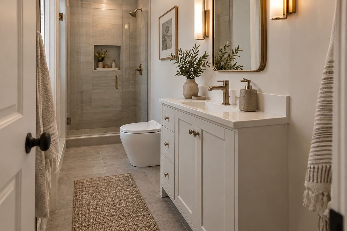 A narrow bathroom with a purpose-made shallow white vanity and compact basin, clear floor route beside it.