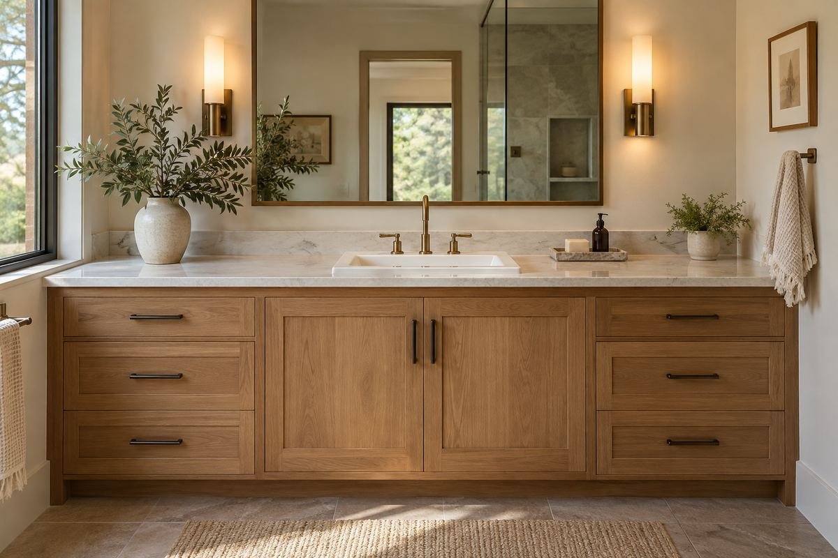 A wide oak bathroom vanity with one white basin and generous clear stone counter on both sides, small soap tray to one side.