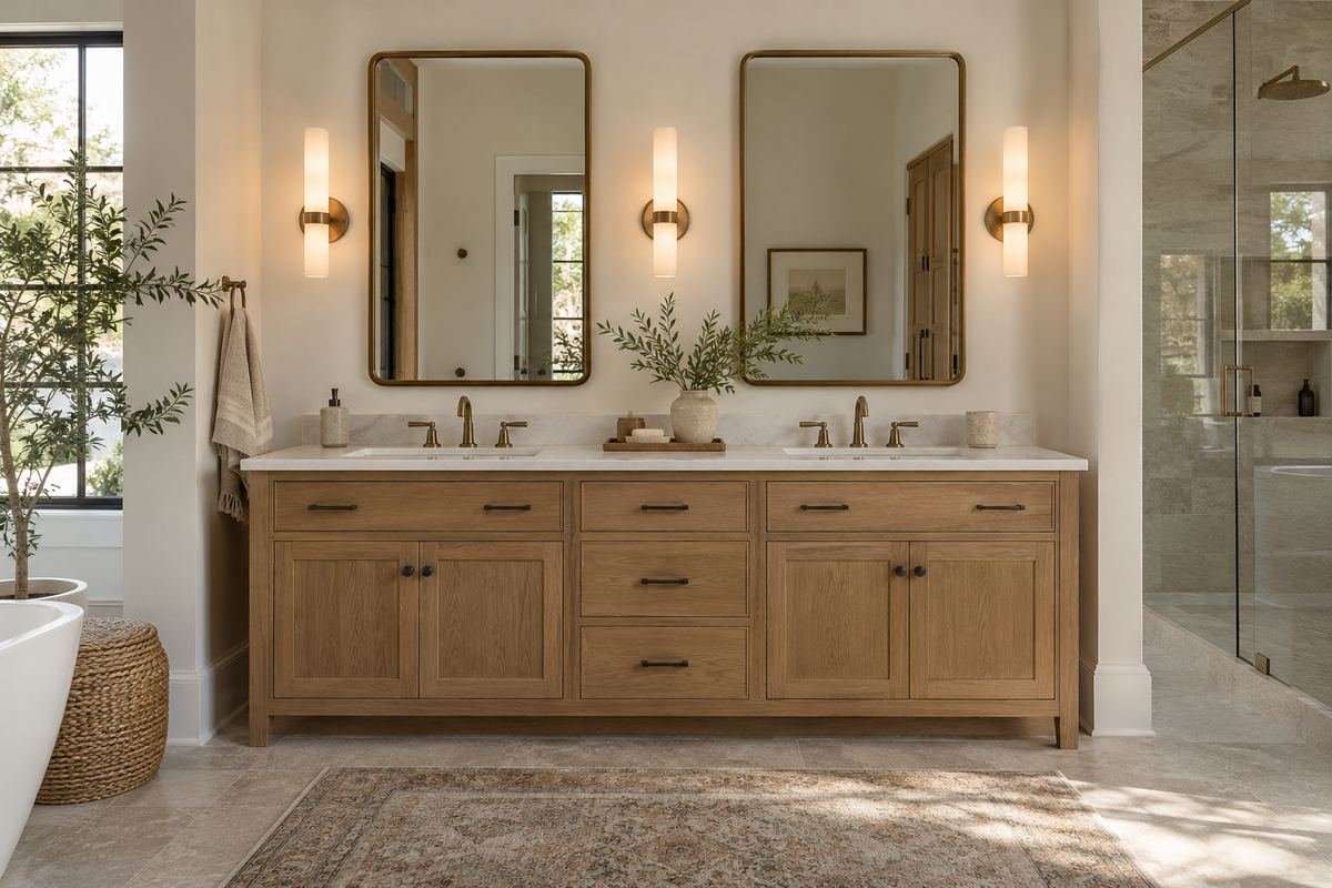 A spacious bathroom with a coordinated double-basin oak vanity, two separate mirrors and clear counter space between the sinks.
