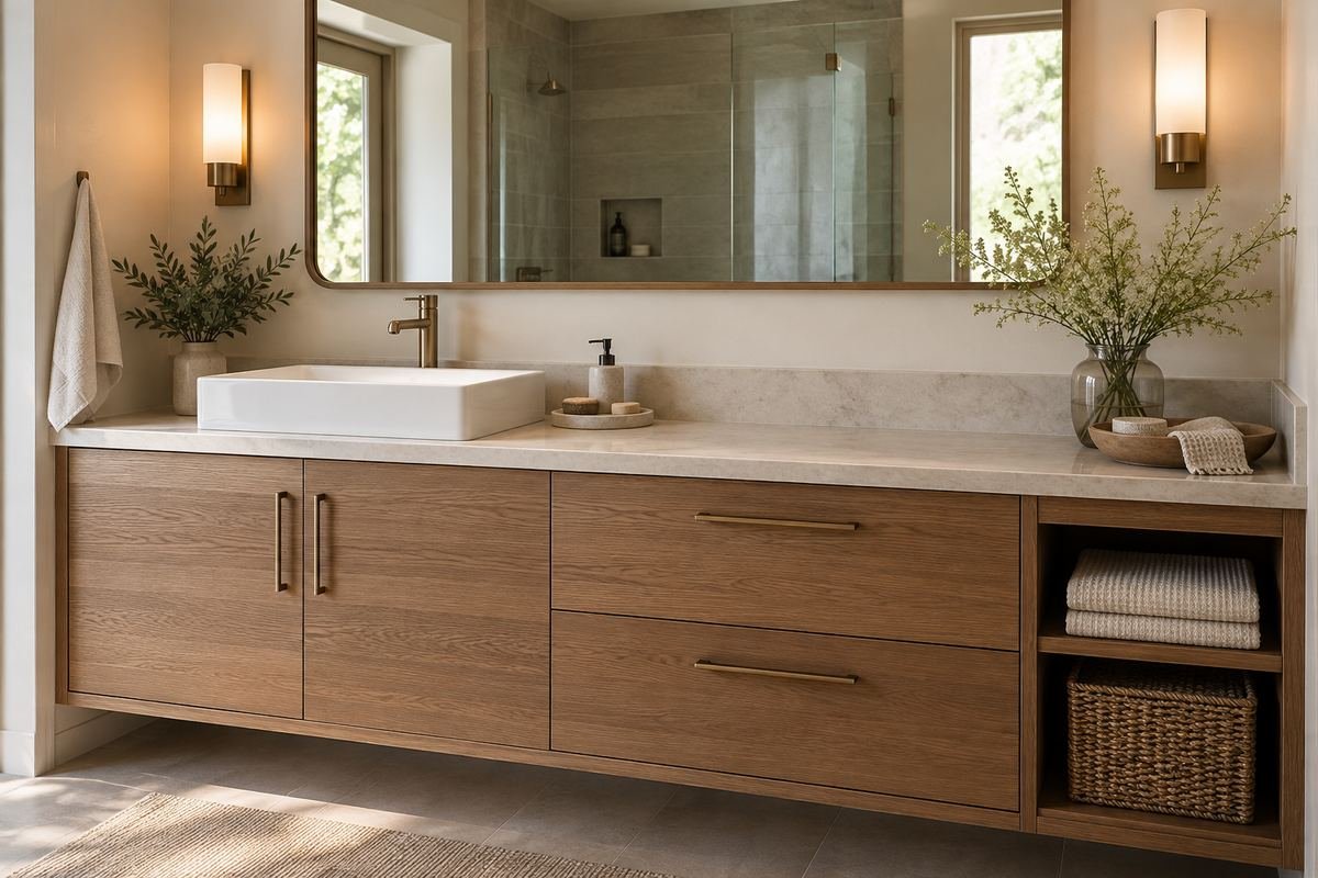 A contemporary bathroom vanity with a basin positioned to the left and a broad clear preparation surface on the right.